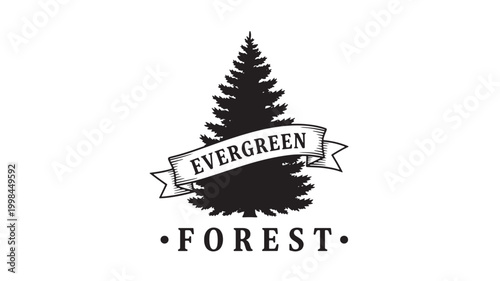 Evergreen forest logo emblem with ribbon banner and premium fortress style typography for branding and outdoor adventure