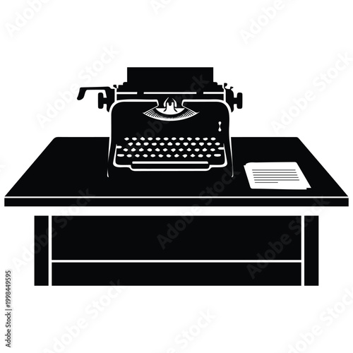 Vintage typewriter on desk, paper and writing machine vector silhouette illustration.