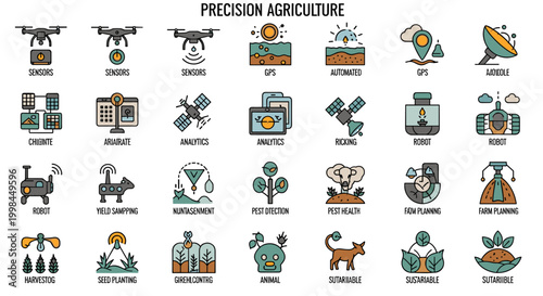 Modern precision agriculture vector illustration set showcasing drones, sensors, analytics, and sustainable farming practices, using a vibrant color palette and clean lines for