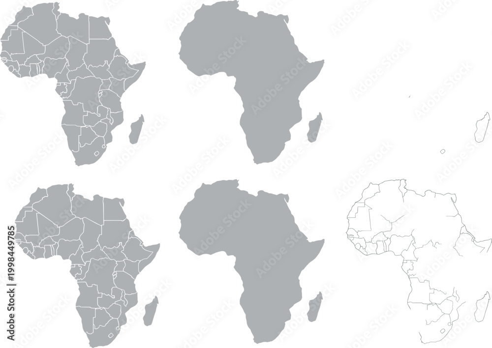 Fototapeta premium Africa, map, collection, gray, silhouette, outline, continent, country, border, geography, regional, political, travel, world, earth, atlas, land, icon, graphic