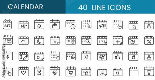 Calendar web line icons set schedule appointment event planning date time management web line icons set & more vector illustration on editable stroke
