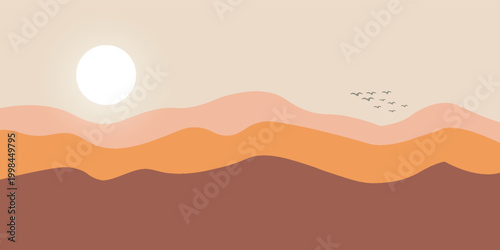 Desert landscape illustration with sand dunes on sunny day. Scenic desert with majestic landscape and towering dunes. Panoramic desert silhouette vector illustration