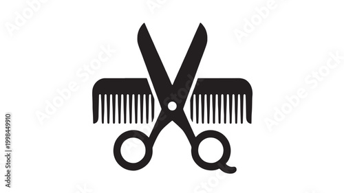 Scissors icon with comb-like teeth and magnifying glass elements for premium hairdressing service branding featuring barbershop, salon logo, grooming