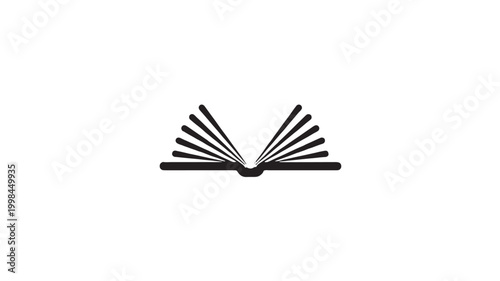 Open book icon with black pages fanned out and minimalist line style for education and learning themes on white background