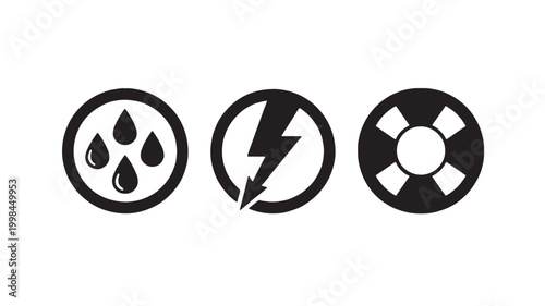 Radiation hazard sign set with water drop, lightning bolt, and biohazard shield icons in bold black and white featuring warning icon, safety symbol,