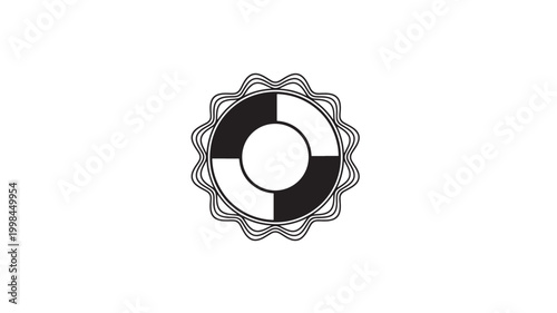 Badge premium icon with black and white circular target design, double wavy border and minimal line art style featuring emblem, stamp, rosette with