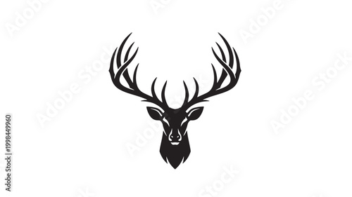 Deer head logo icon with black antlers and stylized face for hunting, outdoors, and wildlife branding featuring outdoor, nature emblem, ranch with