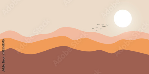 Desert landscape illustration with sand dunes on sunny day. Scenic desert with majestic landscape and towering dunes. Panoramic desert silhouette vector illustration