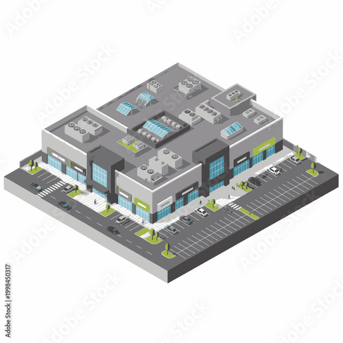 Foto Isometric view of a modern shopping mall complex with parking lot and street