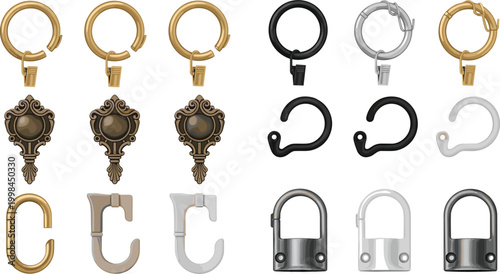 Selection of Various Curtain Rings and Hooks Featuring Golden Metal Clips Decorative Bronze Finials and Modern Plastic Drapery Hardware for Window Treatment Designs
