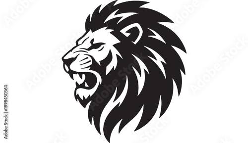 Lion head logo with aggressive mane illustration in black and white for premium sports and gaming branding featuring mascot, wild animal, big cat