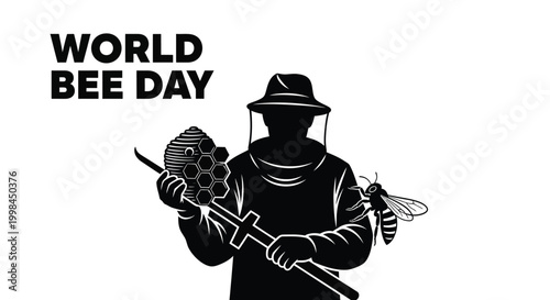 Celebrating world bee day with a beekeeper, honeycomb, and bee illustration