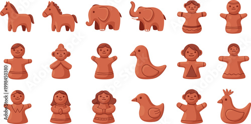Collection of Traditional Clay Toys and Figurines Featuring Animal Shapes Like Horses and Elephants Alongside Stylized Human Characters for Cultural Folk Art Designs