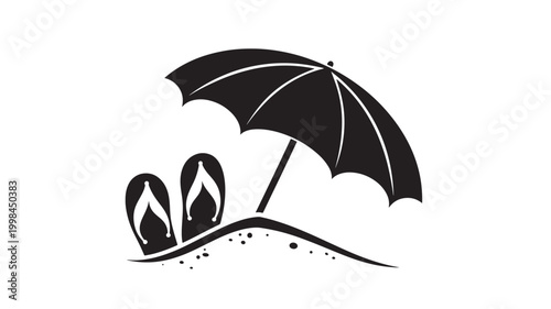 Umbrella beach icon with black silhouette, arched canopy, and sand waves with water droplets featuring seaside, vacation, summer with sunshade and