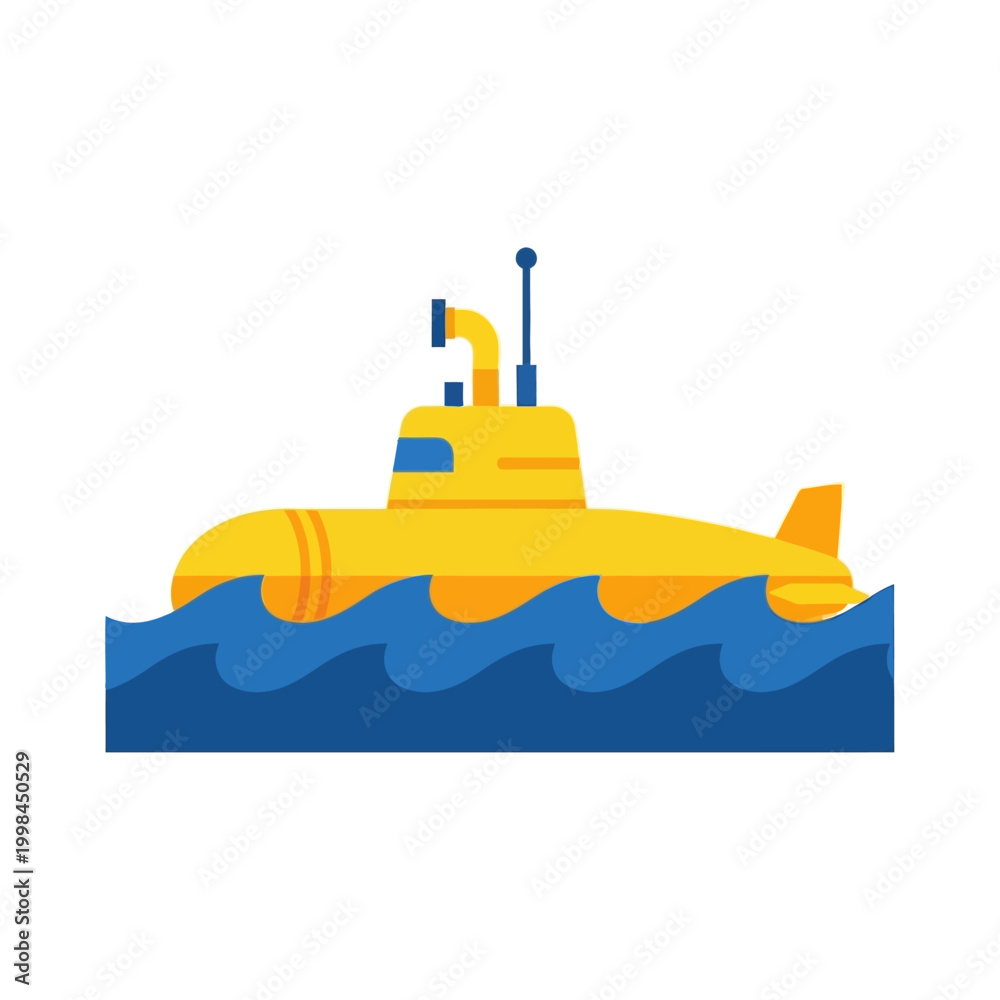 Obraz premium Yellow Submarine Floating on Blue Waves, Simple Flat Design
