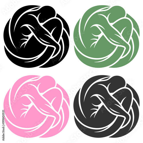 Professional set of four circular human muscle logo icons in black green pink and grey for gym fitness centers sports branding and personal training identity vector illustration