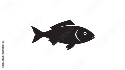 Fish logo icon with bold black silhouette and minimal white highlights for marine branding and seafood graphics featuring sea life, vector style,