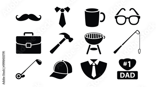 Collection of father's day themed vector icons representing dad's hobbies and interests including a mustache tie coffee mug glasses briefcase hammer grill fishing rod golf club