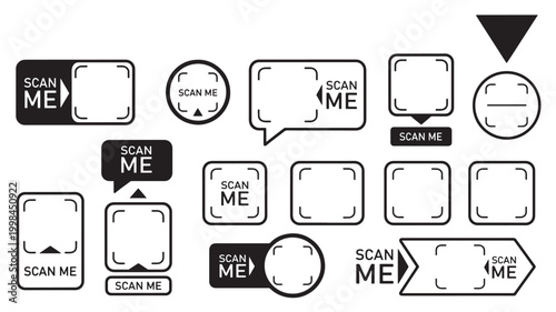 Phone scan me icons set with black outline design and arrows for QR code scanning and mobile authentication featuring barcode scanner, contactless,
