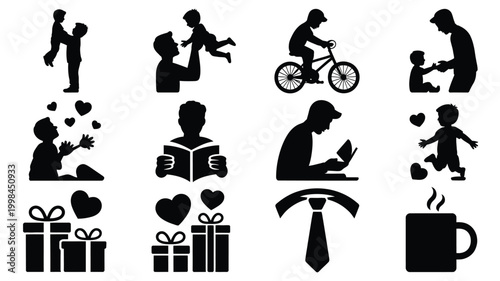 Father and child silhouette icons celebrating family bonds playful moments learning and everyday activities with love and joyful connections perfect for design projects