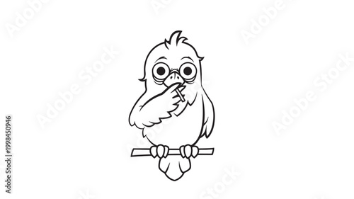 Owl illustration with wide eyes and beak pointing to chick, cute line art cartoon for educational kids design featuring vector style, animal