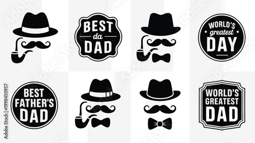 Collection of vintage style father's day silhouettes featuring hats mustaches bow ties and pipes celebrating dads with 'best dad' and 'world's greatest dad' textual emblems