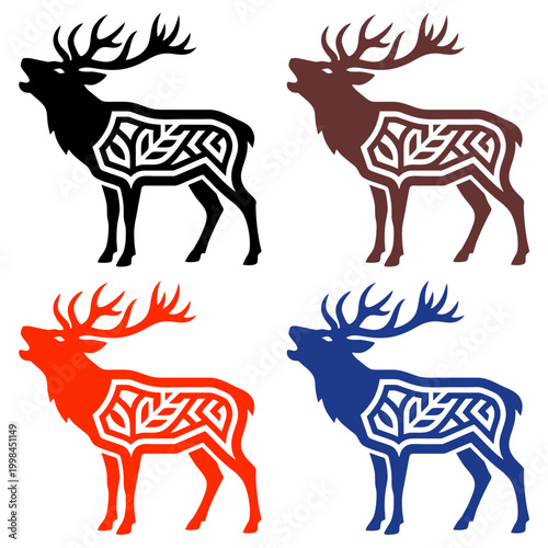 Decorative deer stag silhouette vector set with tribal patterns inside for logo design hunting apparel and nature crafts isolated on white background