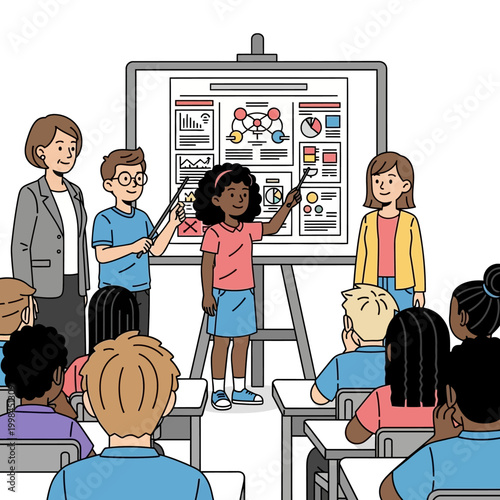 Diverse students presenting project at school whiteboard, teacher observing