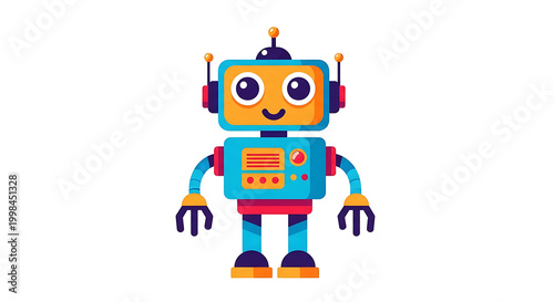 Happy cartoon robot character with colorful buttons and led eyes, standing on a brown base yellow blue