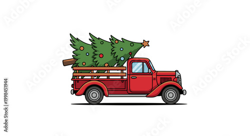 Vintage Red Truck Carrying Decorated Christmas Tree, Isolated on White Background