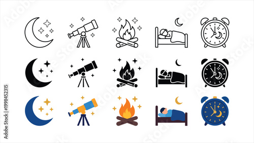 Dark mode night icon set with moon stars telescope campfire sleeping and alarm clock symbols in outline solid and colorful design styles isolated on white background