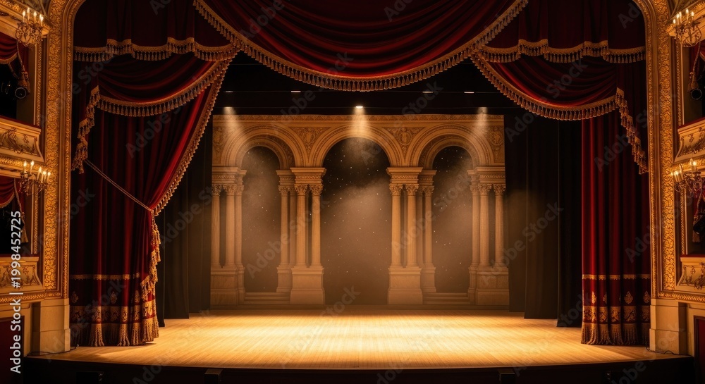 Obraz premium Grand theater stage with red curtains and golden ornate details