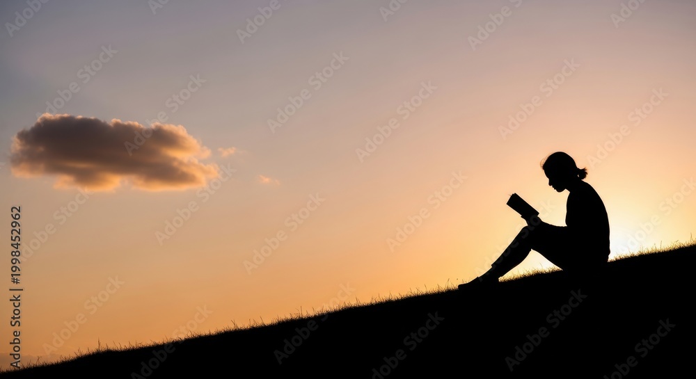 Obraz premium Silhouette of a person reading a book on a grassy hill during sunset.