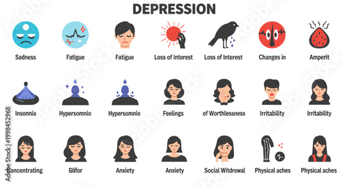 Depression symptoms illustrated in a flat vector style, featuring icons representing sadness, fatigue, insomnia, loss of interest, and other emotional and physical manifestations,