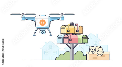 Drone delivering luggage to a mailbox with a curious cat