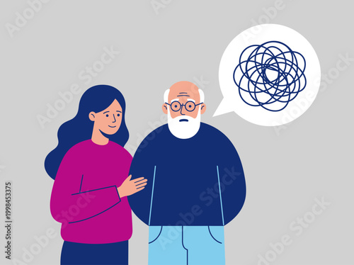 Dementia and Alzheimer's Awareness Concept with Young Caregiver Supporting Elderly Man with Memory Loss