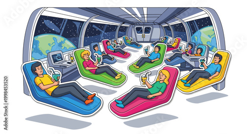 cartoon people sleeping on colorful chairs in space station interior