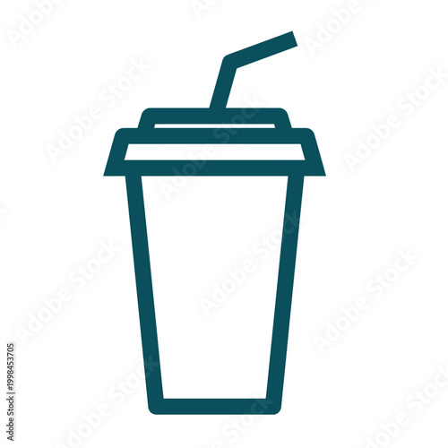 Clean line art icon of a disposable drink cup with a lid and straw, symbolizing refreshment, modern convenience, and the popular concept of takeaway beverages