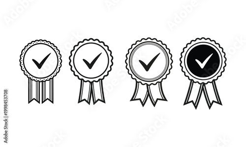 Four badge icons with checkmarks quality approval and certification symbols