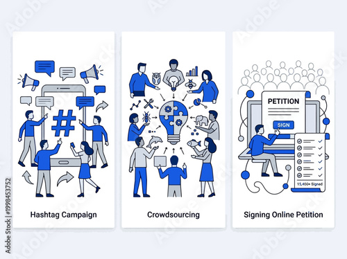 Digital Activism and Social Media Engagement Vector Illustration Set: Hashtag Campaign, Crowdsourcing, and Online Petition Concepts