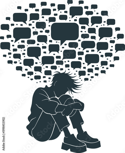 Depressed young man sitting with knees hugged, surrounded by numerous thought bubbles symbolizing overwhelming thoughts and mental stress.