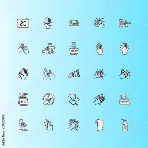 Hand Washing Instructions Illustrated in a Clean Line Style or Line Art Hand Washing Steps Vector Graphics