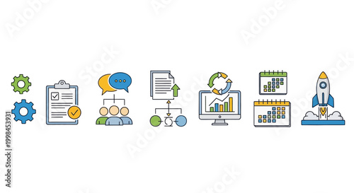 Set of business management and project workflow icons for startup growth concept.