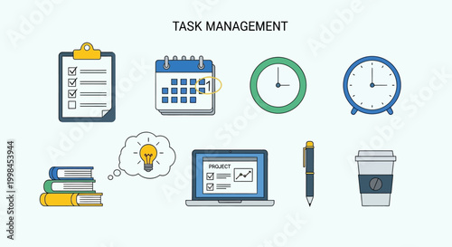 Illustration of task management icons and elements.