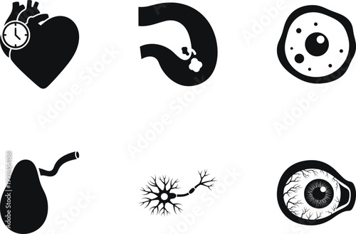 Set of medical and biological icons including heart, digestive system, cell, gallbladder, neuron, and eye
