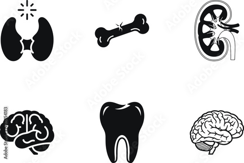Set of medical icons including thyroid, broken bone, kidney, brain, and tooth
