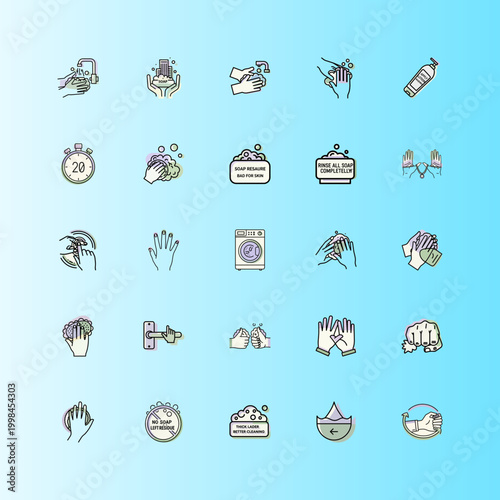 Hand Washing Pictograms in Line Style or Wash Hands Line Art Vector Illustrations