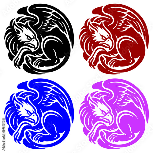 Set of stylized griffin silhouettes in four colors for gaming sports team logos or tattoo designs