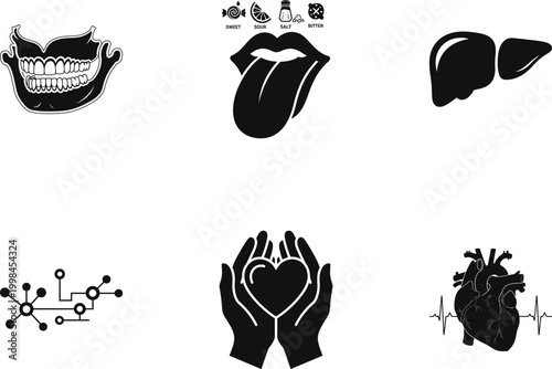 Set of human anatomy icons including teeth, tongue with taste buds, liver, neural network, hands holding heart, and human heart with pulse line