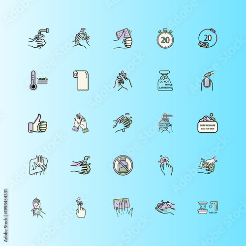 Hand washing safety icons in colorful line art design or Hand washing hygiene instructions vector illustrations.